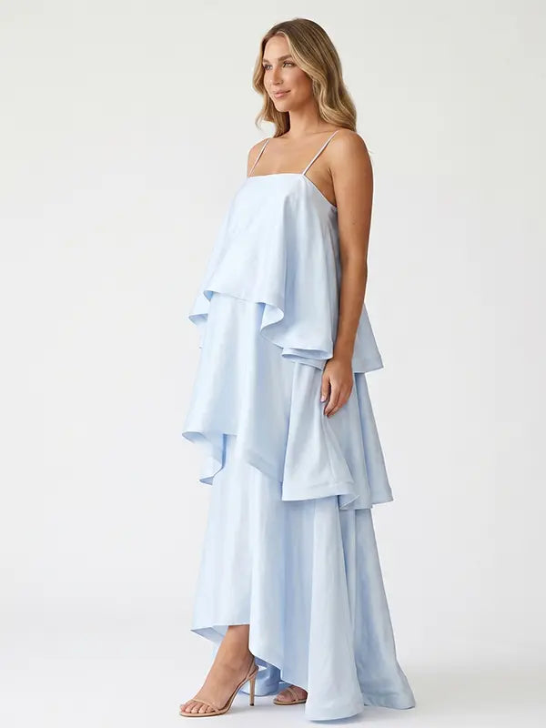sky blue tiered ruffle maternity maxi dress with spaghetti straps and flowy layers