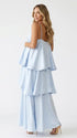 sky blue tiered ruffle maternity maxi dress with spaghetti straps and flowy layers