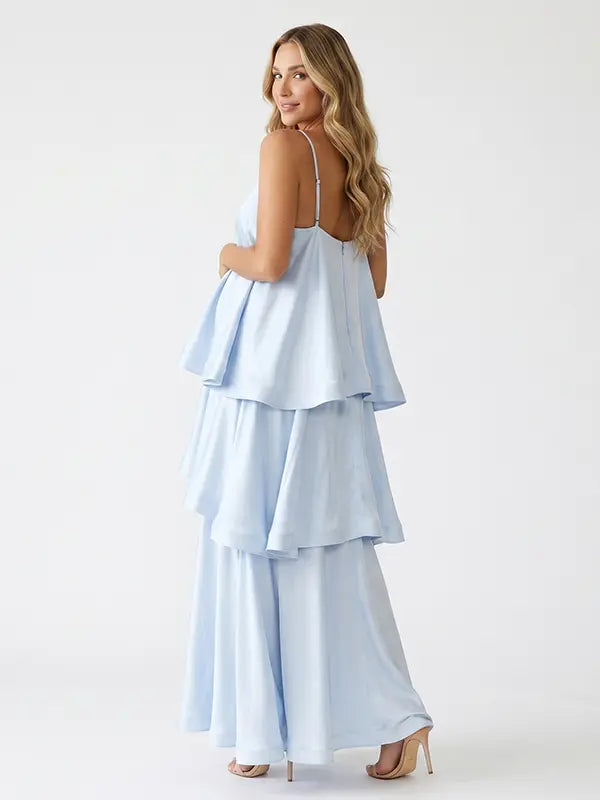 sky blue tiered ruffle maternity maxi dress with spaghetti straps and flowy layers