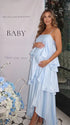 sky blue tiered ruffle maternity maxi dress with spaghetti straps and flowy layers