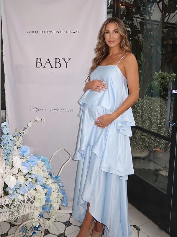 sky blue tiered ruffle maternity maxi dress with spaghetti straps and flowy layers