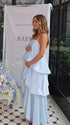 sky blue tiered ruffle maternity maxi dress with spaghetti straps and flowy layers