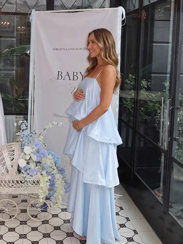sky blue tiered ruffle maternity maxi dress with spaghetti straps and flowy layers