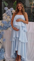 sky blue tiered ruffle maternity maxi dress with spaghetti straps and flowy layers
