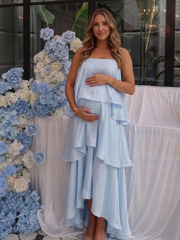 sky blue tiered ruffle maternity maxi dress with spaghetti straps and flowy layers