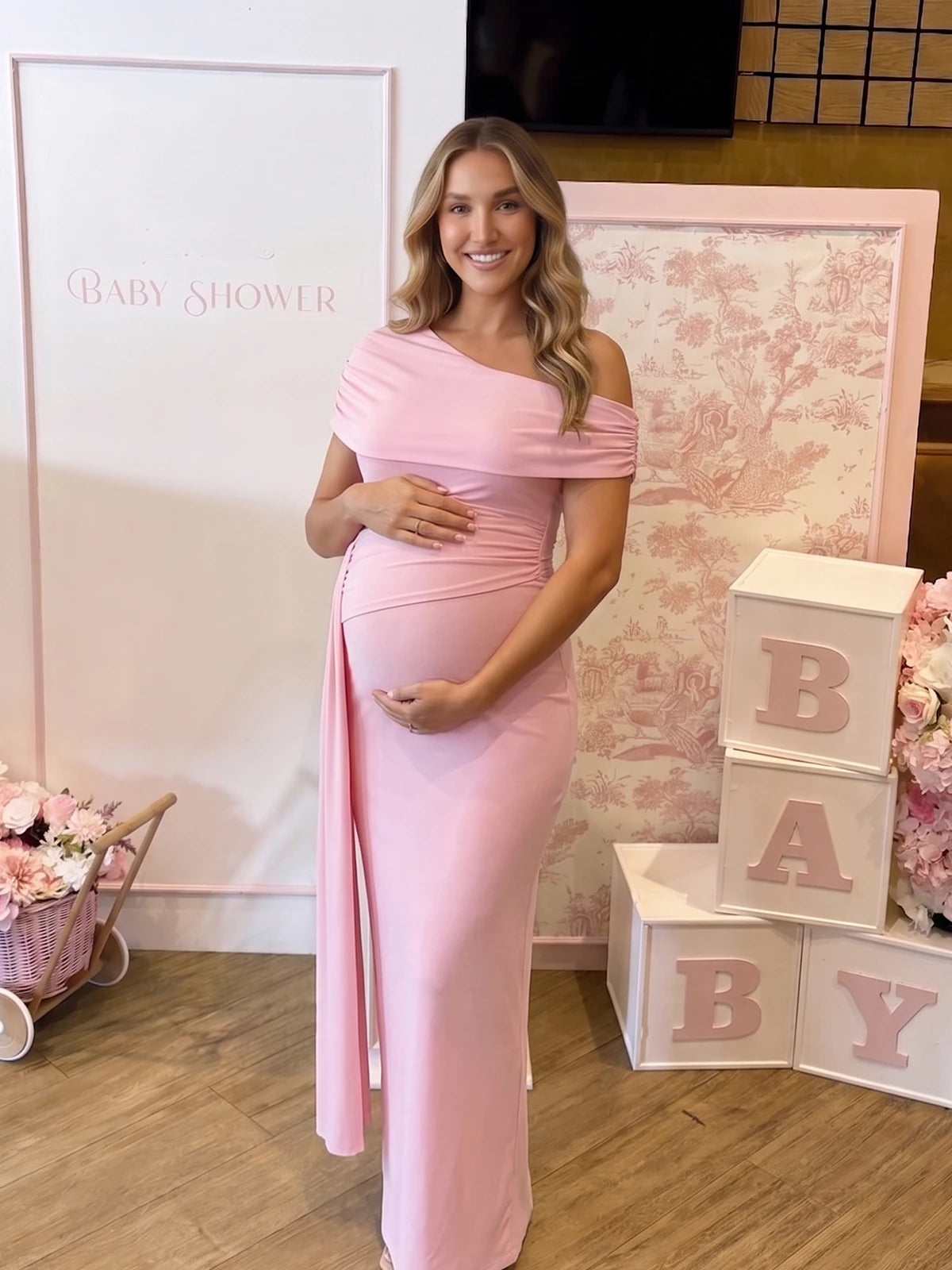 Pink Ruched Maternity Maxi Dress for Baby Shower and Maternity Photos | Bumplook