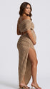 Taupe Off Shoulder Ruched Maternity Dress | Bumplook