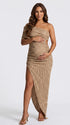 Taupe Fitted Maternity Dress with Asymmetric Draping | Bumplook