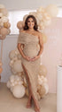 Taupe Ruched Pregnancy Dress for Baby Shower | Bumplook