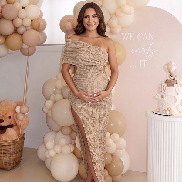 Taupe Ruched Pregnancy Dress for Baby Shower | Bumplook