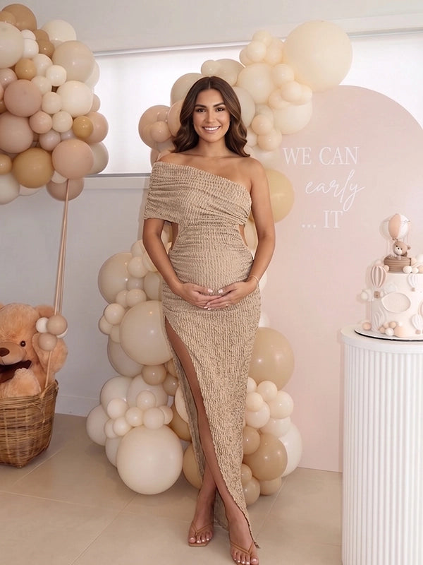 Taupe Ruched Pregnancy Dress for Baby Shower | Bumplook