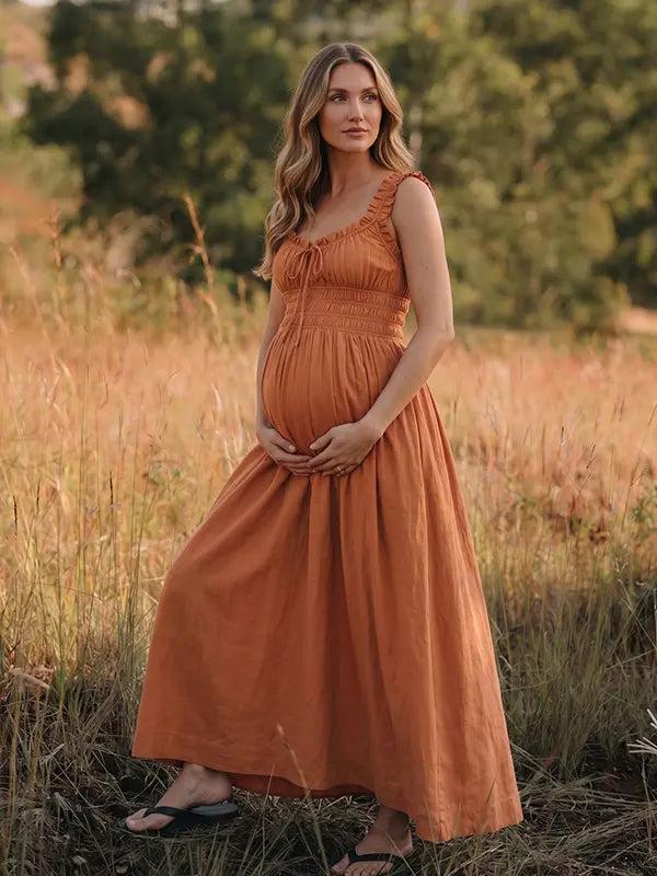 Rust Maternity Dress, Smocked Cotton Blend Pregnancy Maxi Dress for Fall Baby Shower, Maternity Photoshoot | Bumplook