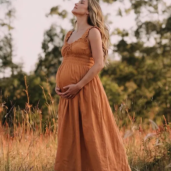 Rust Maternity Dress, Smocked Cotton Blend Pregnancy Maxi Dress for Fall Baby Shower, Maternity Photoshoot | Bumplook