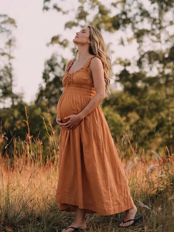 Rust Maternity Dress, Smocked Cotton Blend Pregnancy Maxi Dress for Fall Baby Shower, Maternity Photoshoot | Bumplook