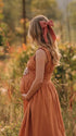 Rust Maternity Dress, Smocked Cotton Blend Pregnancy Maxi Dress for Fall Baby Shower, Maternity Photoshoot | Bumplook