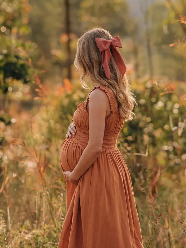 Rust Maternity Dress, Smocked Cotton Blend Pregnancy Maxi Dress for Fall Baby Shower, Maternity Photoshoot | Bumplook