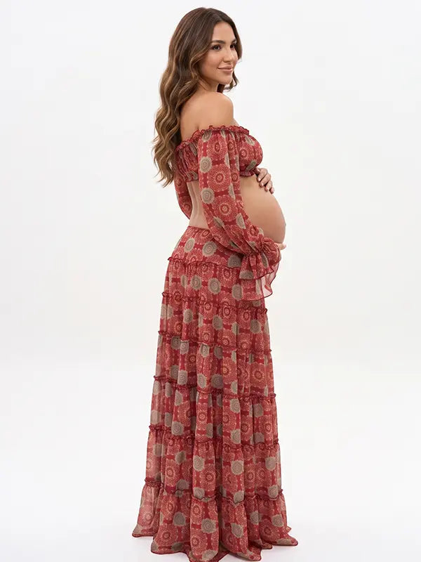 Two Piece Maternity Dress, Off Shoulder Crop Top and Tiered Maxi Skirt for Boho Maternity Photoshoot, Babymoon, Vacation, Baby Shower | Bumplook
