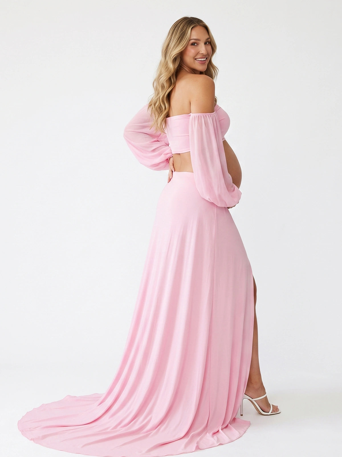 Pink Maternity Maxi Skirt with High Slit, Two Piece Crop Top Set for Maternity Photoshoot and Pregnancy Portraits | Bumplook
