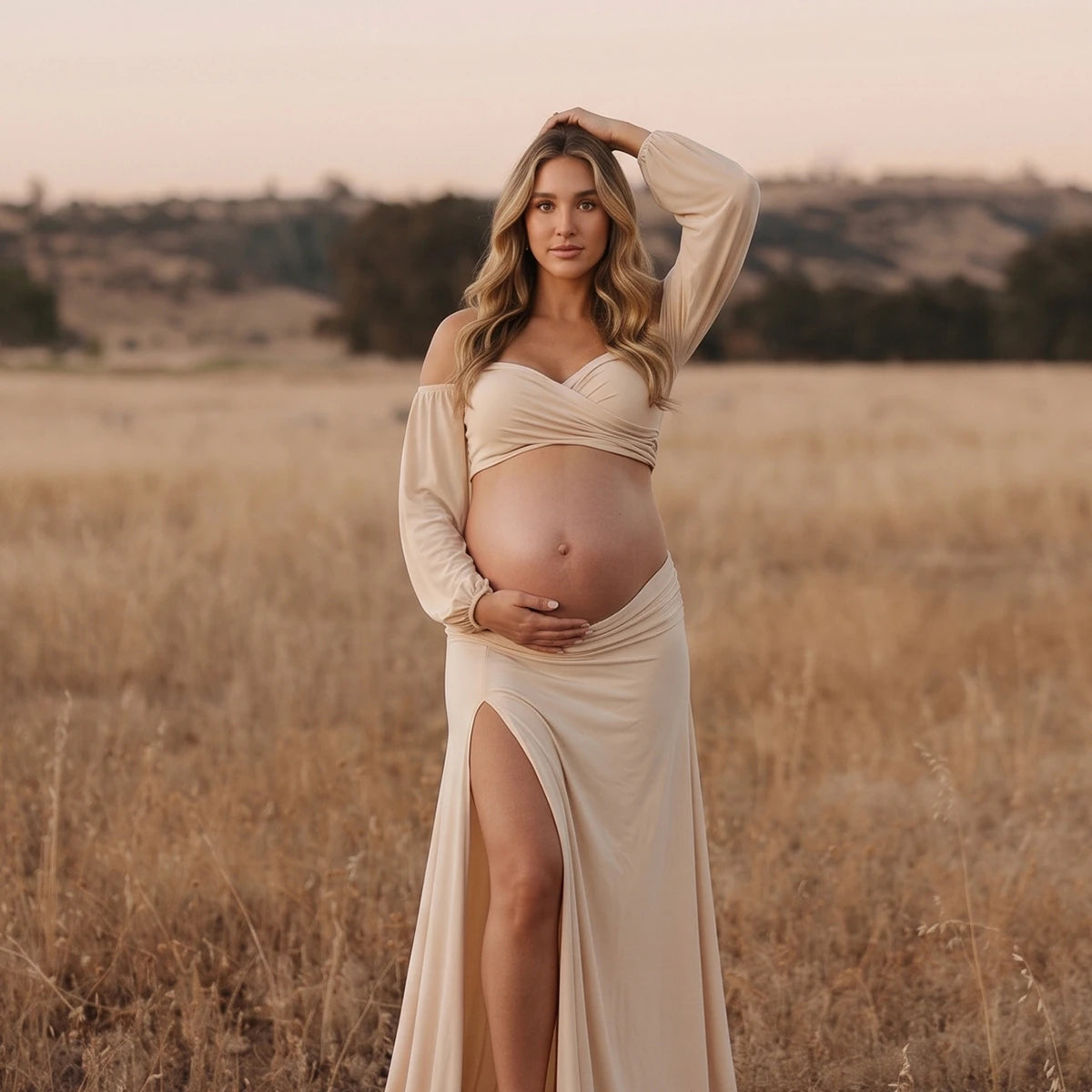 Off Shoulder Maternity Crop Top Set, Cream Two Piece Maternity Photoshoot Outfit for Pregnancy Announcement | Bumplook