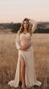Off Shoulder Maternity Crop Top Set, Cream Two Piece Maternity Photoshoot Outfit for Pregnancy Announcement | Bumplook