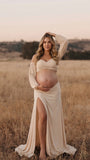 Off Shoulder Maternity Crop Top Set, Cream Two Piece Maternity Photoshoot Outfit for Pregnancy Announcement | Bumplook
