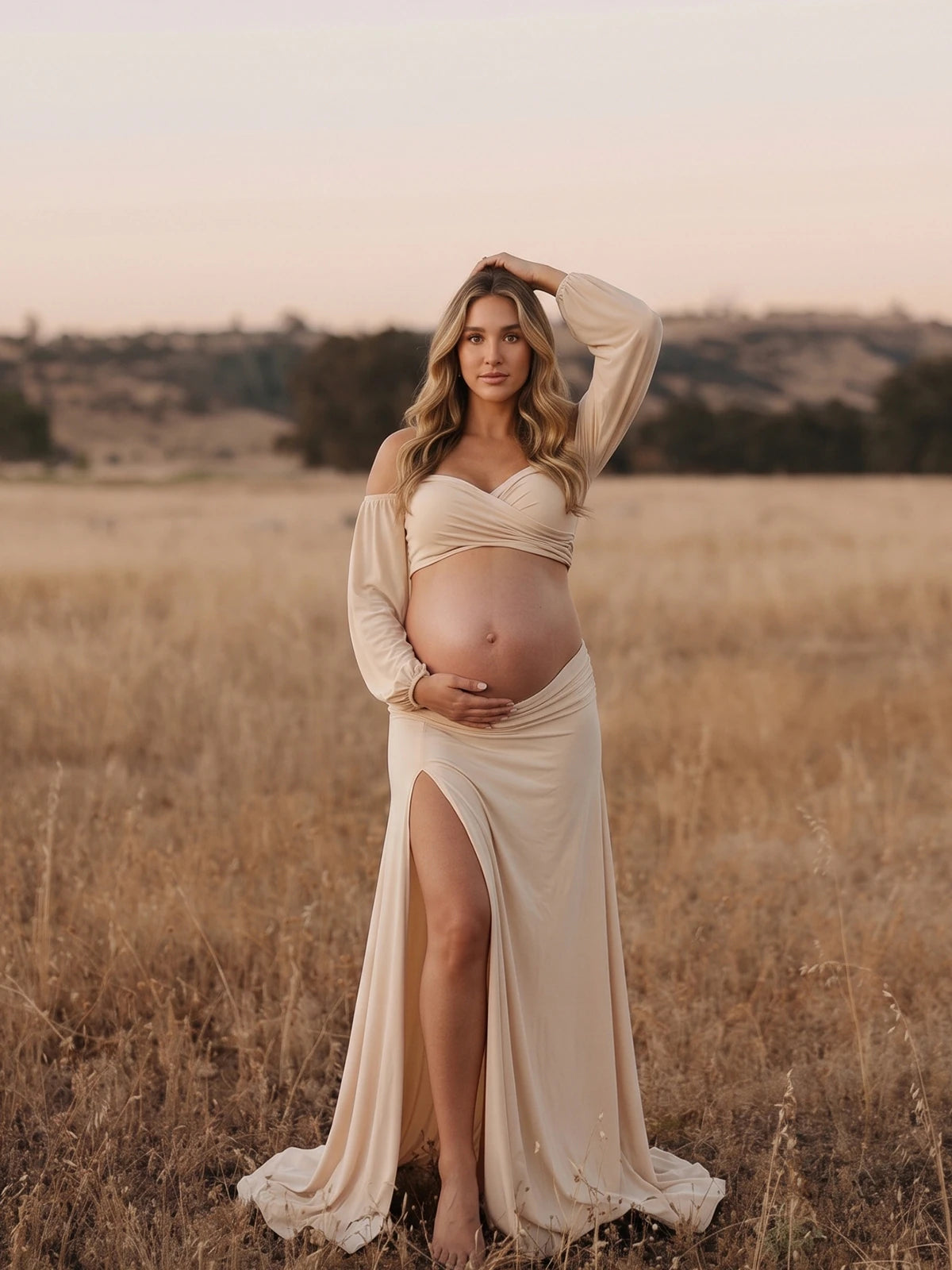 Off Shoulder Maternity Crop Top Set, Cream Two Piece Maternity Photoshoot Outfit for Pregnancy Announcement | Bumplook