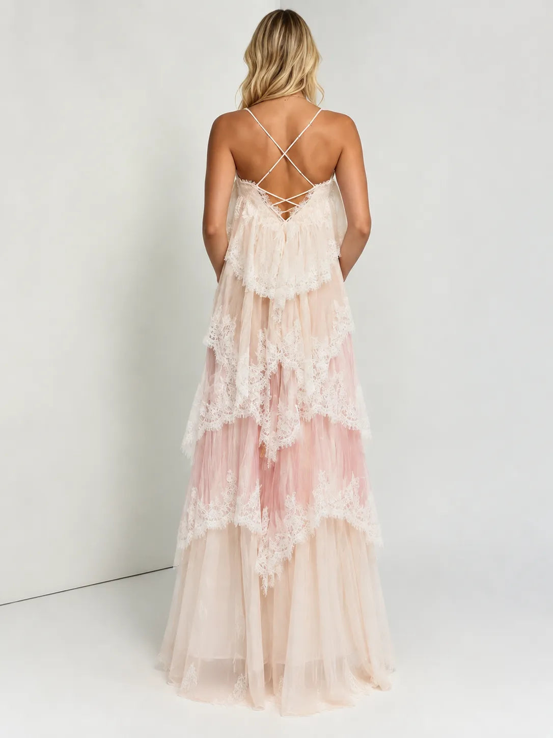 Blush Pink Lace Tiered Backless Maternity Maxi Dress