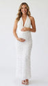 White Halter Maternity Dress with 3D Rose Maxi Skirt for Baby Shower | Bumplook
