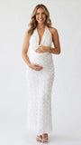White Halter Maternity Dress with 3D Rose Maxi Skirt for Baby Shower | Bumplook