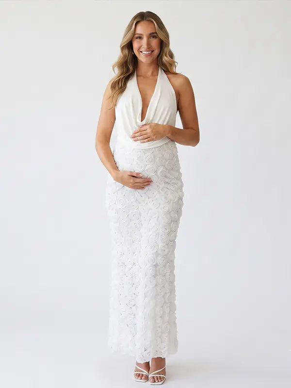 White Halter Maternity Dress with 3D Rose Maxi Skirt for Baby Shower | Bumplook