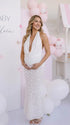 White Open Back Maternity Maxi Dress with Halter Neck, Ruched Waist and 3D Floral Skirt | Bumplook