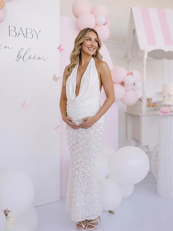 White Open Back Maternity Maxi Dress with Halter Neck, Ruched Waist and 3D Floral Skirt | Bumplook
