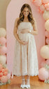 White lace maternity midi dress in white, soft A-line fit for pregnant women