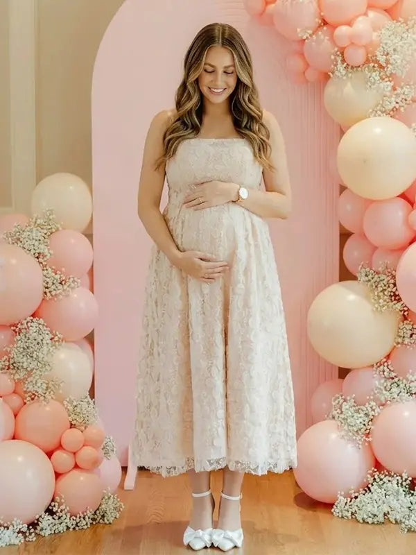 White lace maternity midi dress in white, soft A-line fit for pregnant women