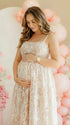 White lace maternity midi dress in white, soft A-line fit for pregnant women