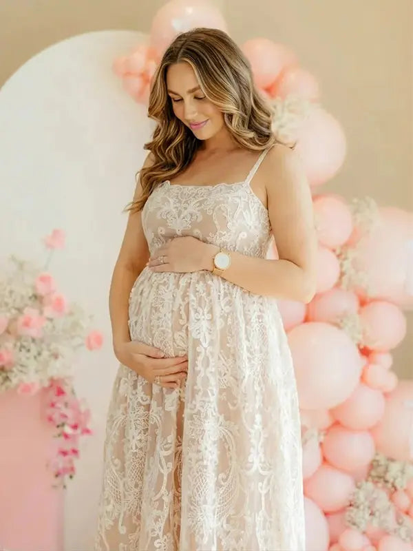 White lace maternity midi dress in white, soft A-line fit for pregnant women