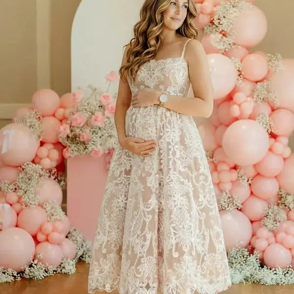 White lace maternity midi dress in white, soft A-line fit for pregnant women