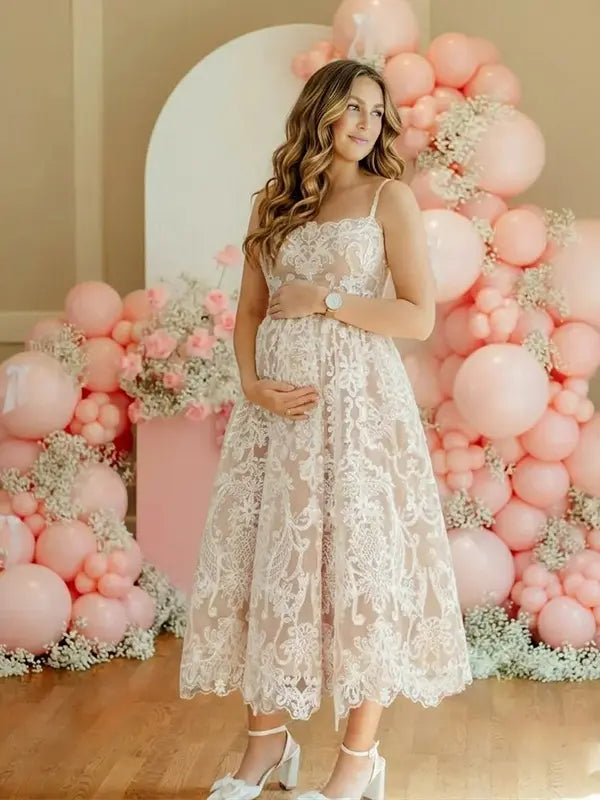 White lace maternity midi dress in white, soft A-line fit for pregnant women