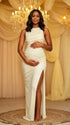 White Backless Maternity Maxi Dress – Crew Neck Sleeveless Ruched Bodycon Gown with Side Slit Milk Silk