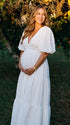 White v neck maternity maxi dress for baby shower and maternity photoshoot.