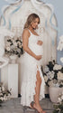White Pregnancy Announcement Dress with Floral Lace, Side Slit and Cascading Ruffles | Bumplook