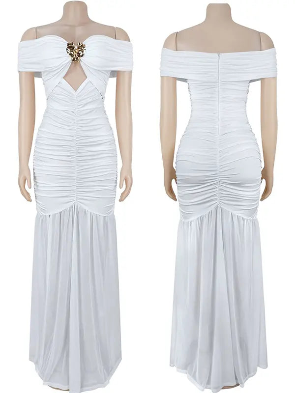 White Off Shoulder Ruched Maternity Maxi Dress for Baby Shower and Maternity Photoshoot