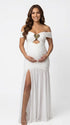 White Off Shoulder Ruched Maternity Maxi Dress for Baby Shower and Maternity Photoshoot