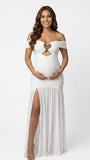 White Off Shoulder Ruched Maternity Maxi Dress for Baby Shower and Maternity Photoshoot