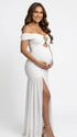White Off Shoulder Ruched Maternity Maxi Dress for Baby Shower and Maternity Photoshoot