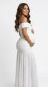White Off Shoulder Ruched Maternity Maxi Dress for Baby Shower and Maternity Photoshoot
