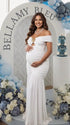 White Off Shoulder Ruched Maternity Maxi Dress for Baby Shower and Maternity Photoshoot