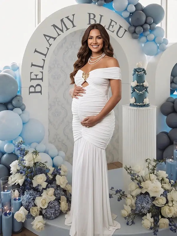 White Off Shoulder Ruched Maternity Maxi Dress for Baby Shower and Maternity Photoshoot