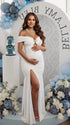 White Off Shoulder Ruched Maternity Maxi Dress for Baby Shower and Maternity Photoshoot