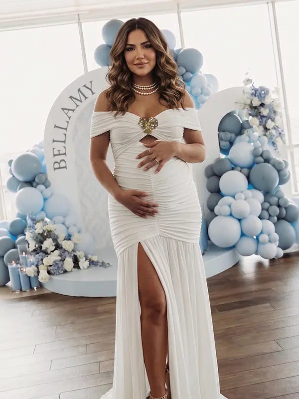 White Off Shoulder Ruched Maternity Maxi Dress for Baby Shower and Maternity Photoshoot